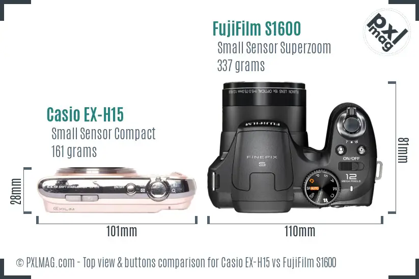 Casio EX-H15 vs FujiFilm S1600 top view buttons comparison