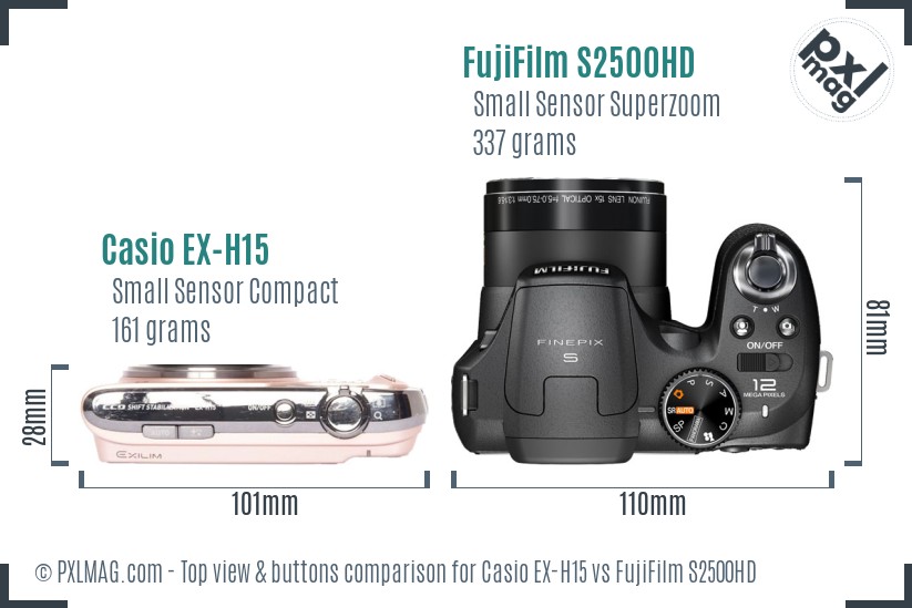 Casio EX-H15 vs FujiFilm S2500HD top view buttons comparison