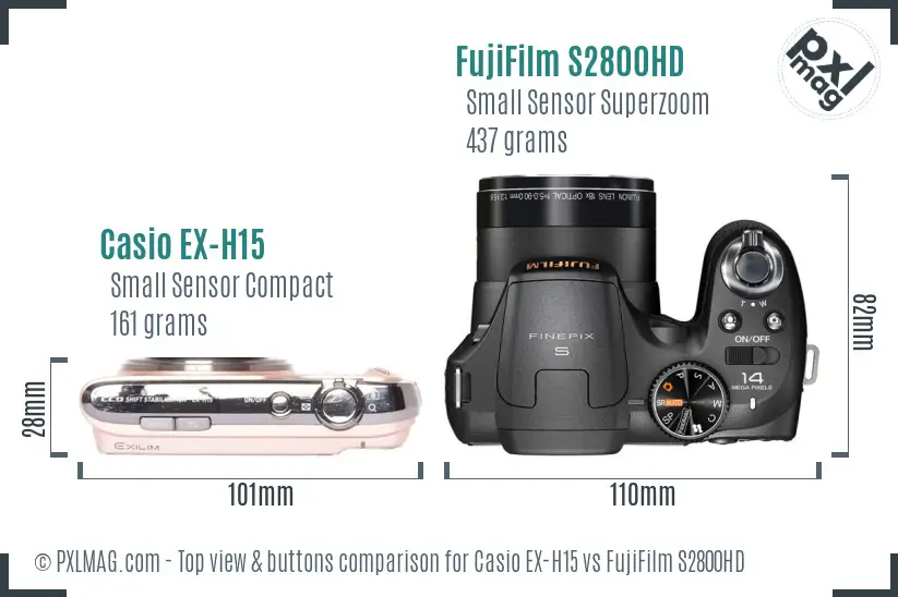 Casio EX-H15 vs FujiFilm S2800HD top view buttons comparison