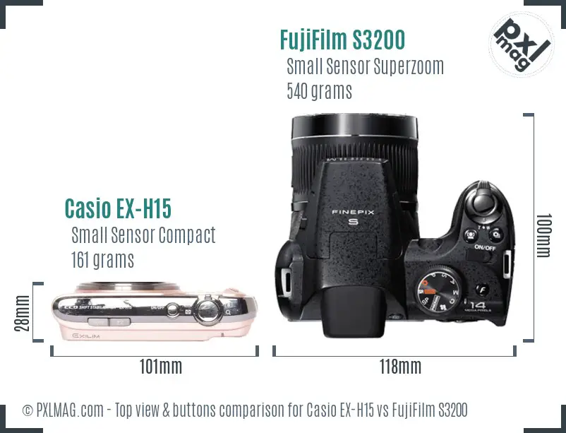 Casio EX-H15 vs FujiFilm S3200 top view buttons comparison