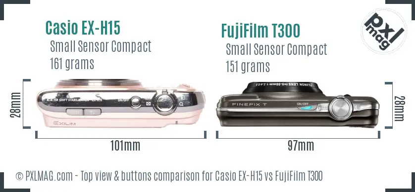 Casio EX-H15 vs FujiFilm T300 top view buttons comparison