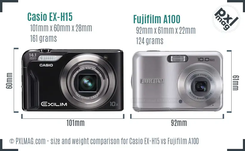 Casio EX-H15 vs Fujifilm A100 size comparison Casio EX-H15 vs Fujifilm A100 size comparison