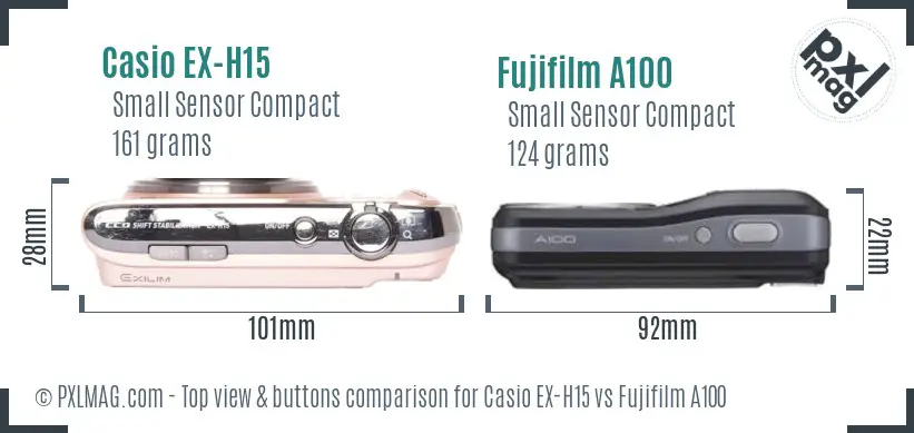 Casio EX-H15 vs Fujifilm A100 top view buttons comparison Casio EX-H15 vs Fujifilm A100 top view buttons comparison