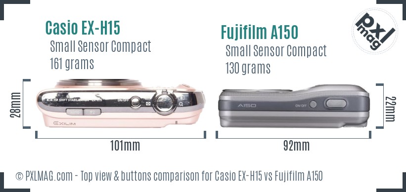 Casio EX-H15 vs Fujifilm A150 top view buttons comparison