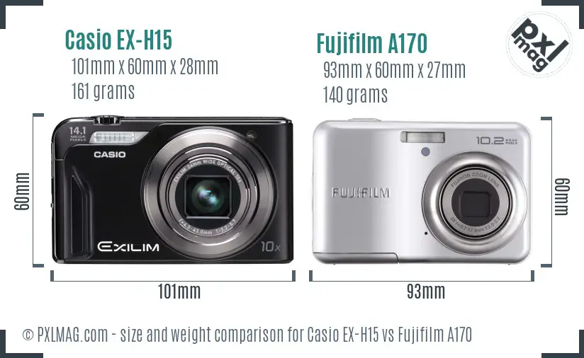 Casio EX-H15 vs Fujifilm A170 size comparison