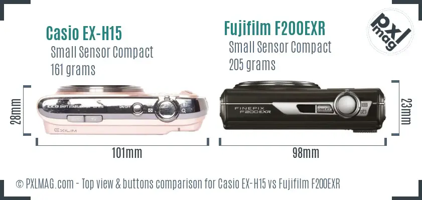 Casio EX-H15 vs Fujifilm F200EXR top view buttons comparison