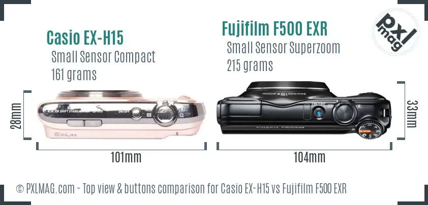 Casio EX-H15 vs Fujifilm F500 EXR top view buttons comparison