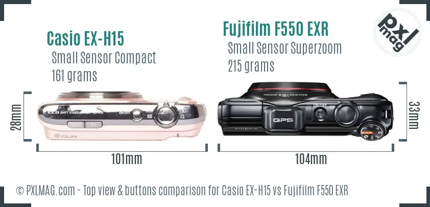 Casio EX-H15 vs Fujifilm F550 EXR top view buttons comparison