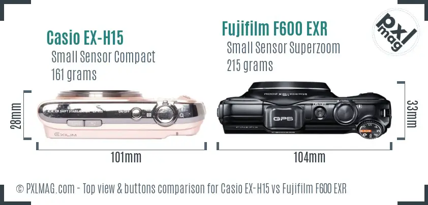 Casio EX-H15 vs Fujifilm F600 EXR top view buttons comparison Casio EX-H15 vs Fujifilm F600 EXR top view buttons comparison