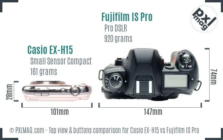 Casio EX-H15 vs Fujifilm IS Pro top view buttons comparison