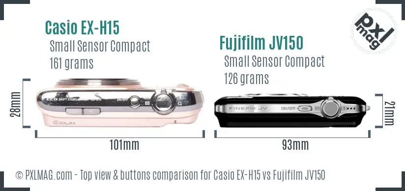 Casio EX-H15 vs Fujifilm JV150 top view buttons comparison Casio EX-H15 vs Fujifilm JV150 top view buttons comparison