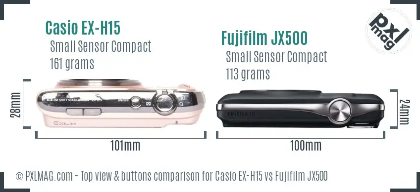 Casio EX-H15 vs Fujifilm JX500 top view buttons comparison