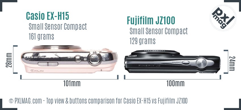 Casio EX-H15 vs Fujifilm JZ100 top view buttons comparison
