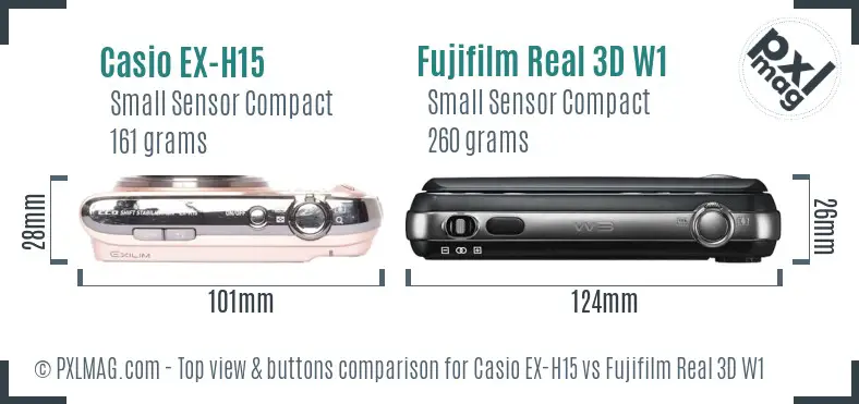 Casio EX-H15 vs Fujifilm Real 3D W1 top view buttons comparison