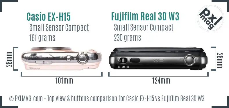 Casio EX-H15 vs Fujifilm Real 3D W3 top view buttons comparison Casio EX-H15 vs Fujifilm Real 3D W3 top view buttons comparison