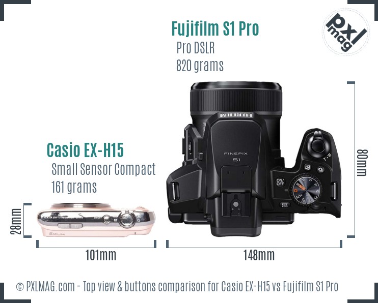 Casio EX-H15 vs Fujifilm S1 Pro top view buttons comparison