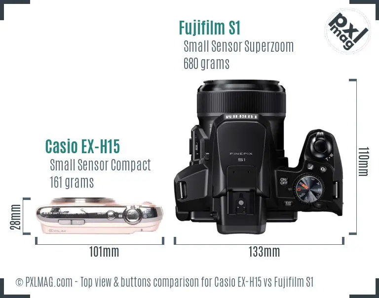 Casio EX-H15 vs Fujifilm S1 top view buttons comparison