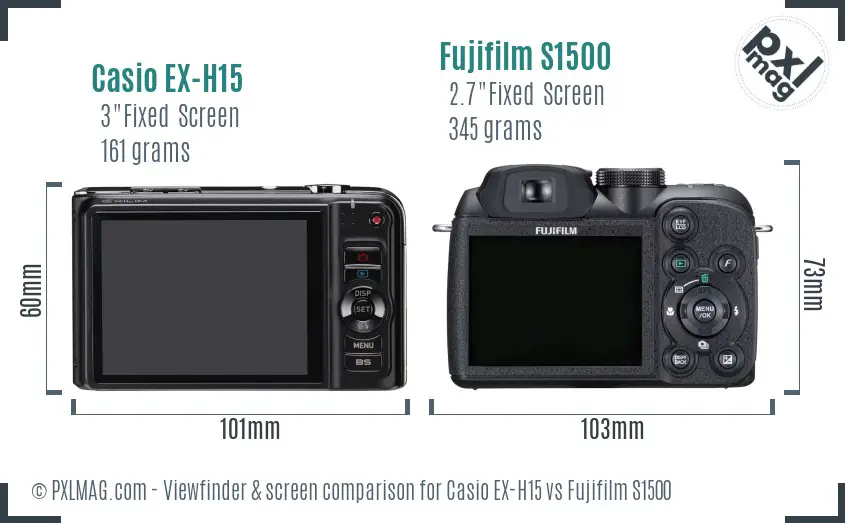 Casio EX-H15 vs Fujifilm S1500 Screen and Viewfinder comparison