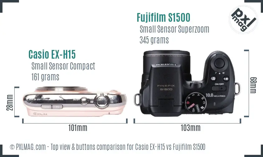 Casio EX-H15 vs Fujifilm S1500 top view buttons comparison