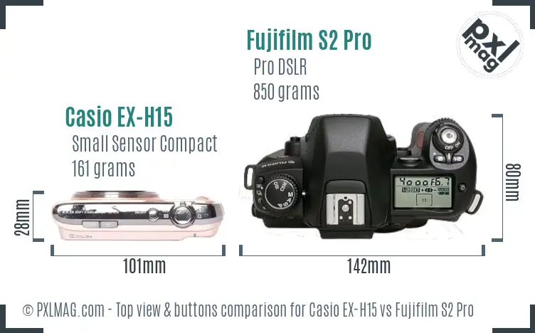 Casio EX-H15 vs Fujifilm S2 Pro top view buttons comparison
