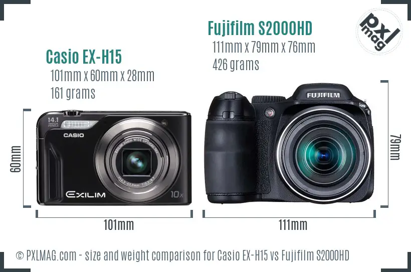 Casio EX-H15 vs Fujifilm S2000HD size comparison Casio EX-H15 vs Fujifilm S2000HD size comparison