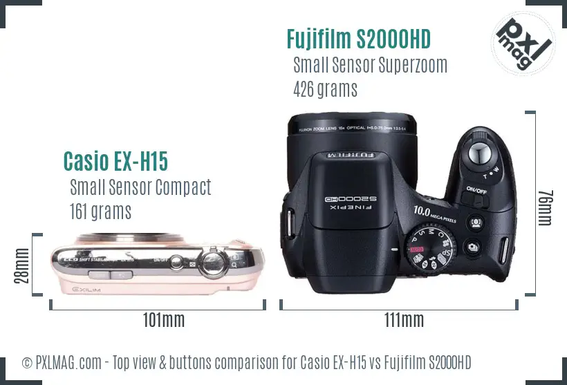 Casio EX-H15 vs Fujifilm S2000HD top view buttons comparison Casio EX-H15 vs Fujifilm S2000HD top view buttons comparison