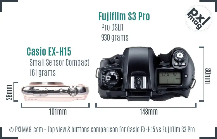 Casio EX-H15 vs Fujifilm S3 Pro top view buttons comparison Casio EX-H15 vs Fujifilm S3 Pro top view buttons comparison