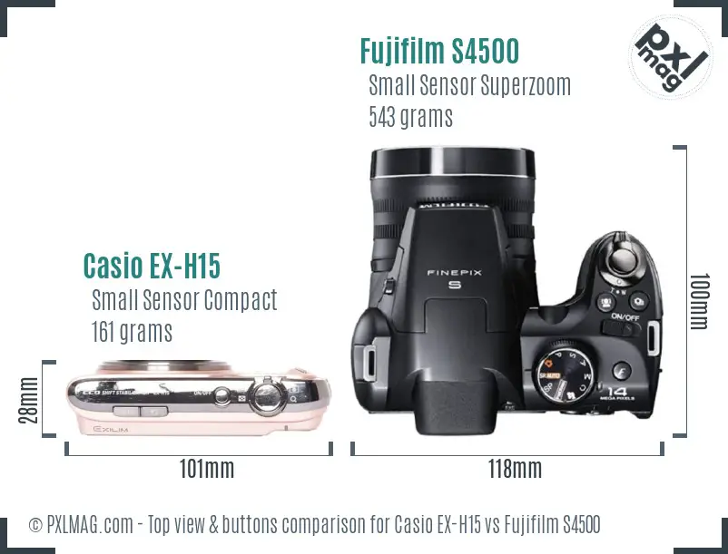 Casio EX-H15 vs Fujifilm S4500 top view buttons comparison