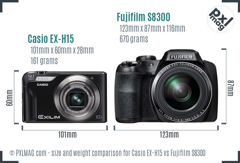 Casio EX-H15 vs Fujifilm S8300 size comparison Casio EX-H15 vs Fujifilm S8300 size comparison
