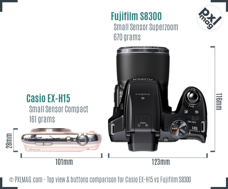 Casio EX-H15 vs Fujifilm S8300 top view buttons comparison