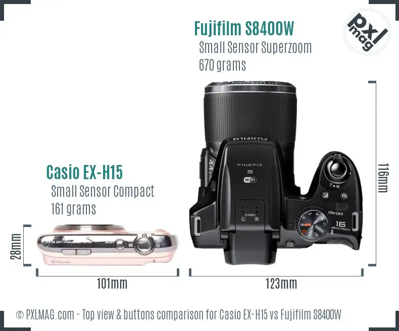 Casio EX-H15 vs Fujifilm S8400W top view buttons comparison