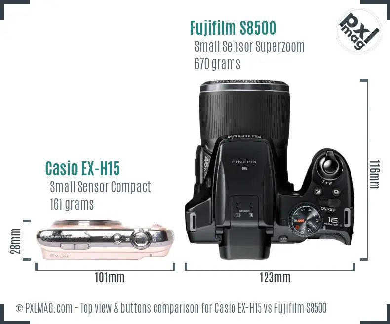 Casio EX-H15 vs Fujifilm S8500 top view buttons comparison