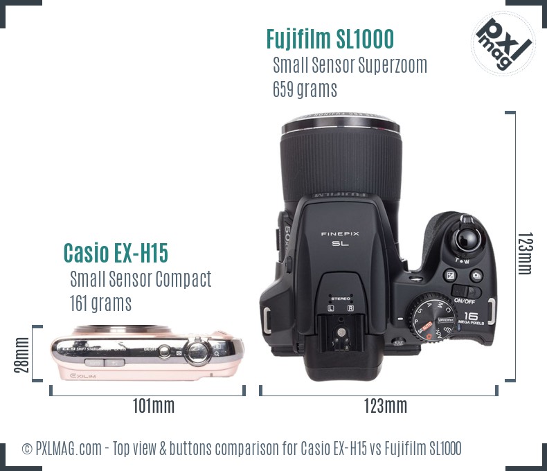 Casio EX-H15 vs Fujifilm SL1000 top view buttons comparison