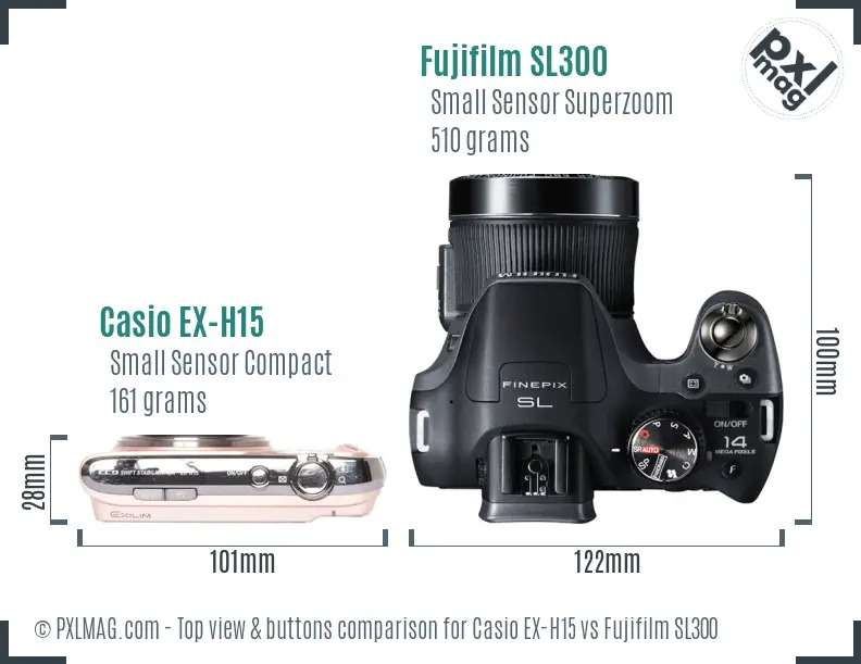 Casio EX-H15 vs Fujifilm SL300 top view buttons comparison