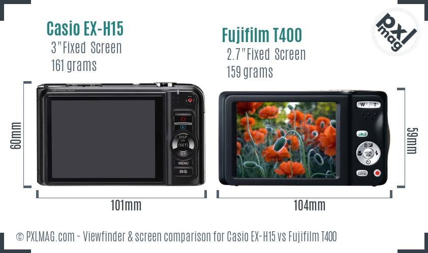 Casio EX-H15 vs Fujifilm T400 Screen and Viewfinder comparison