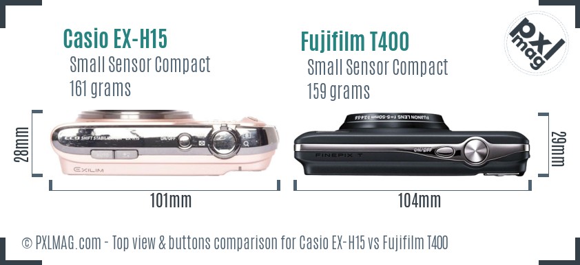 Casio EX-H15 vs Fujifilm T400 top view buttons comparison