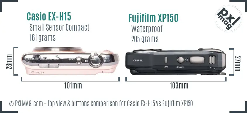 Casio EX-H15 vs Fujifilm XP150 top view buttons comparison Casio EX-H15 vs Fujifilm XP150 top view buttons comparison