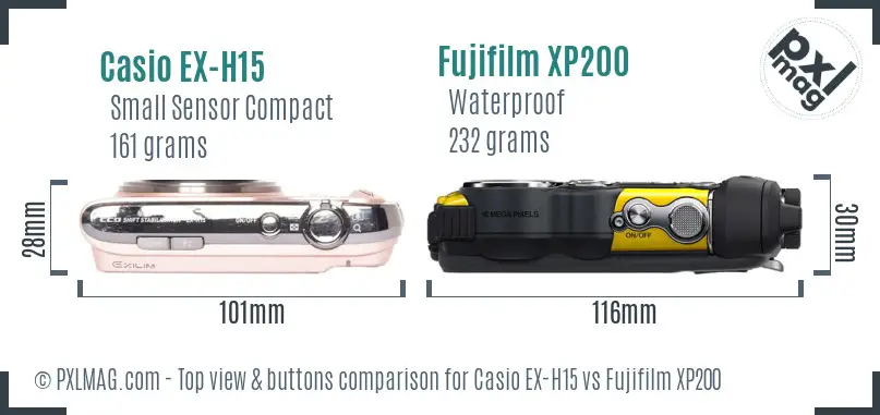 Casio EX-H15 vs Fujifilm XP200 top view buttons comparison