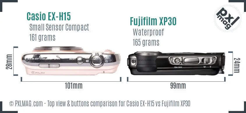 Casio EX-H15 vs Fujifilm XP30 top view buttons comparison Casio EX-H15 vs Fujifilm XP30 top view buttons comparison