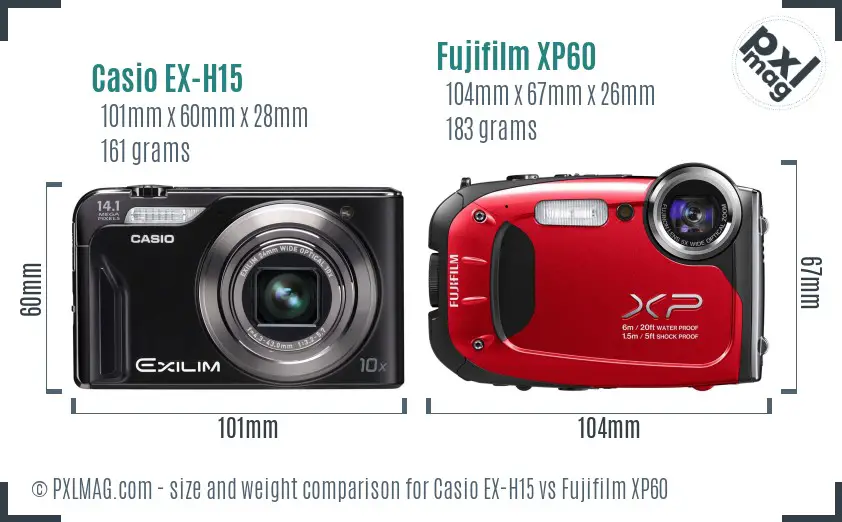 Casio EX-H15 vs Fujifilm XP60 size comparison