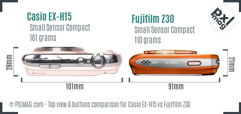 Casio EX-H15 vs Fujifilm Z30 top view buttons comparison Casio EX-H15 vs Fujifilm Z30 top view buttons comparison