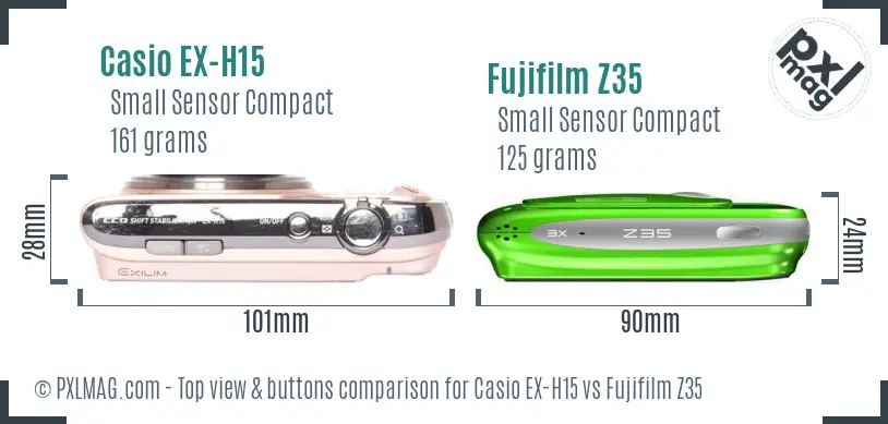Casio EX-H15 vs Fujifilm Z35 top view buttons comparison Casio EX-H15 vs Fujifilm Z35 top view buttons comparison