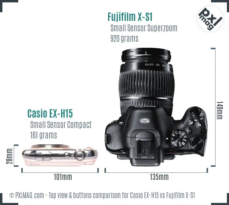 Casio EX-H15 vs Fujifilm X-S1 top view buttons comparison