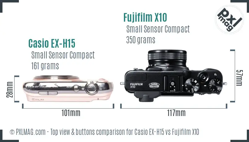 Casio EX-H15 vs Fujifilm X10 top view buttons comparison