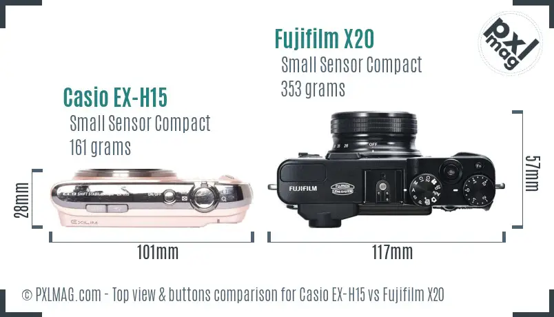 Casio EX-H15 vs Fujifilm X20 top view buttons comparison