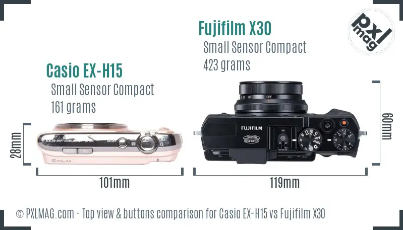 Casio EX-H15 vs Fujifilm X30 top view buttons comparison