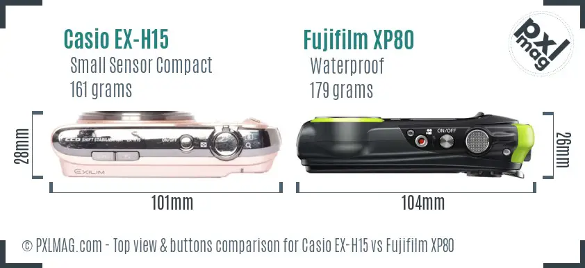 Casio EX-H15 vs Fujifilm XP80 top view buttons comparison
