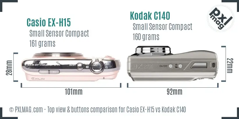 Casio EX-H15 vs Kodak C140 top view buttons comparison