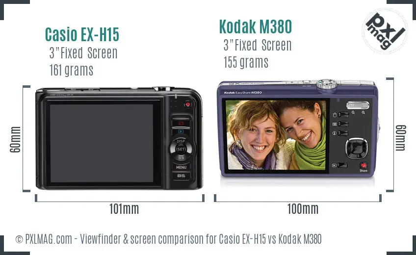 Casio EX-H15 vs Kodak M380 Screen and Viewfinder comparison