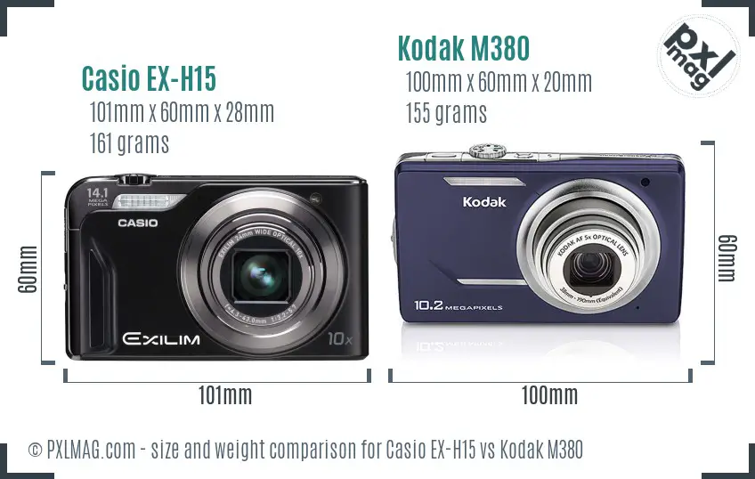 Casio EX-H15 vs Kodak M380 size comparison